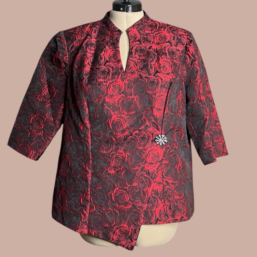 Alex Evenings Red And Black Rose Jacquard Evening Top
